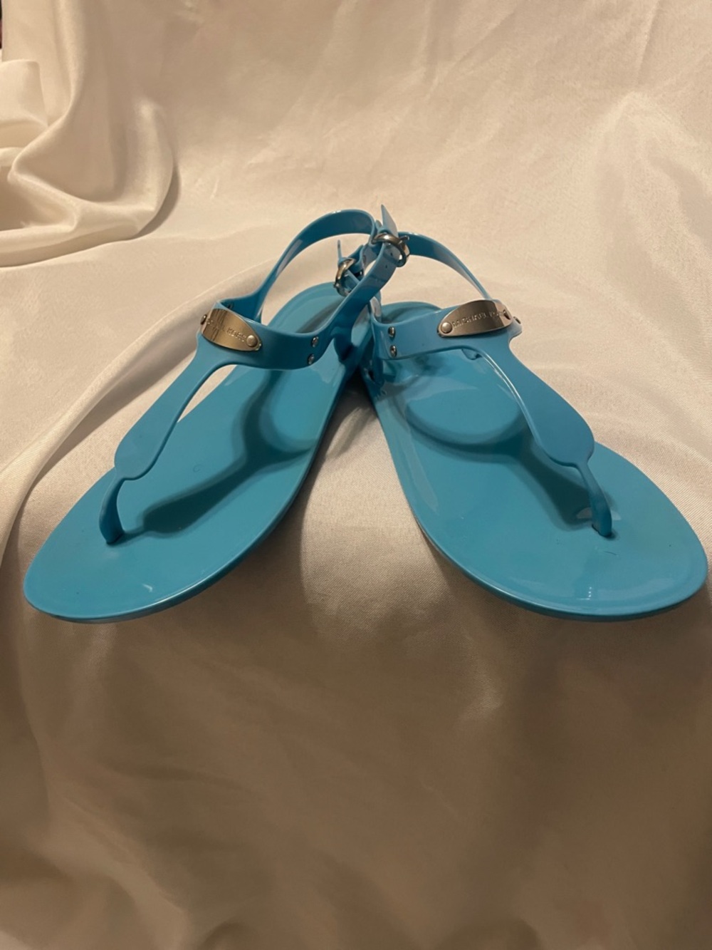 Michael Kors Bright Blue Jelly Slingback Sandals with Logo Plate
